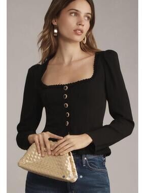 NWOT Black Reformation Button Down Nikky Top size 8 ruched back side zip